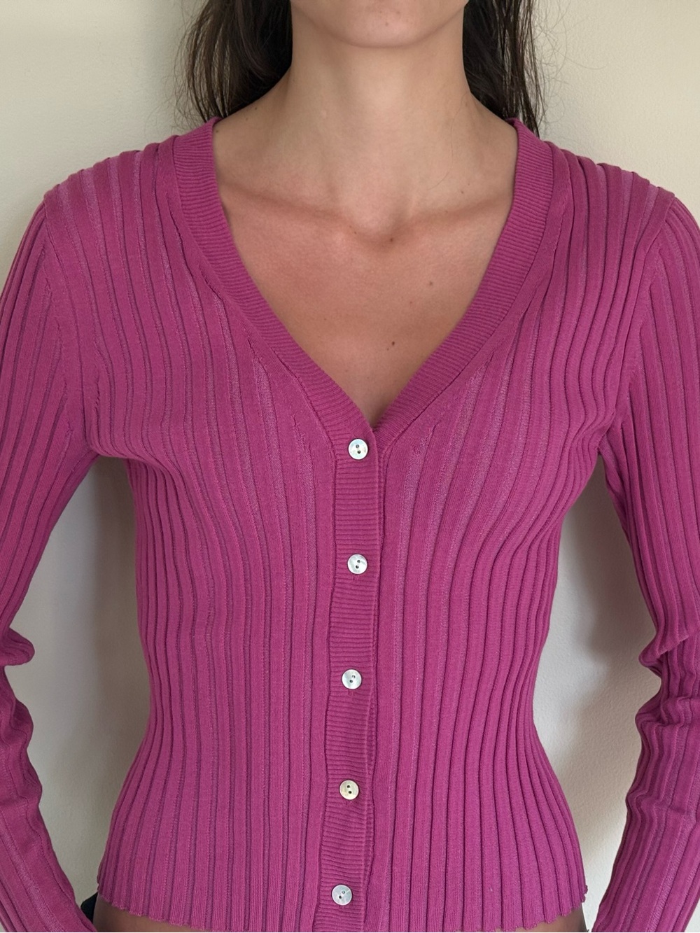 Vince Bright Fuchsia Ribbed Button-Front Cardigan - Picture 1 of 4